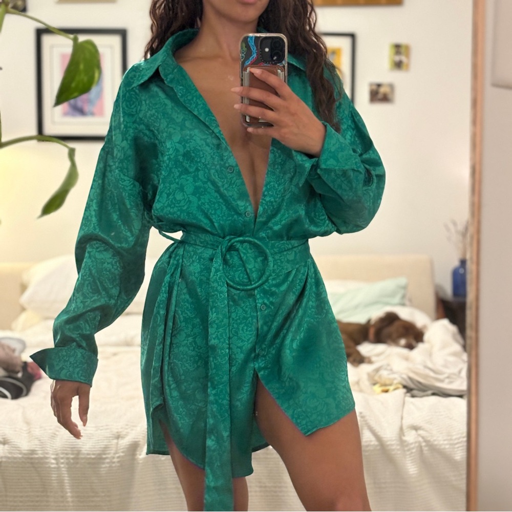 Vintage Emerald Green Satin Shirt Dress with Belt